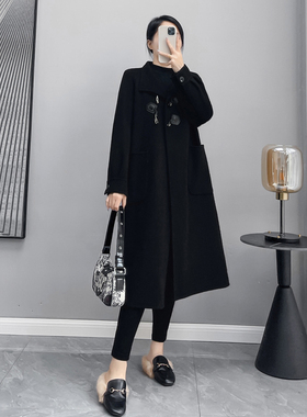黑色双面羊绒大衣女2023年新款秋冬洋气牛角扣显瘦毛呢子大衣外套