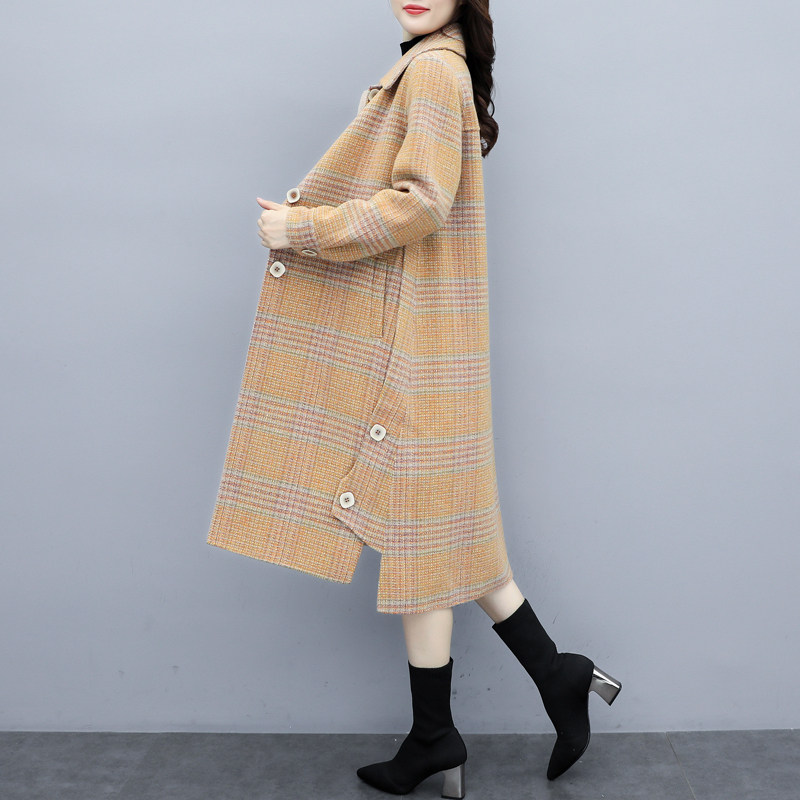 2023年秋冬季新款大码女装格子毛呢外套宽松显瘦呢子大衣女中长款