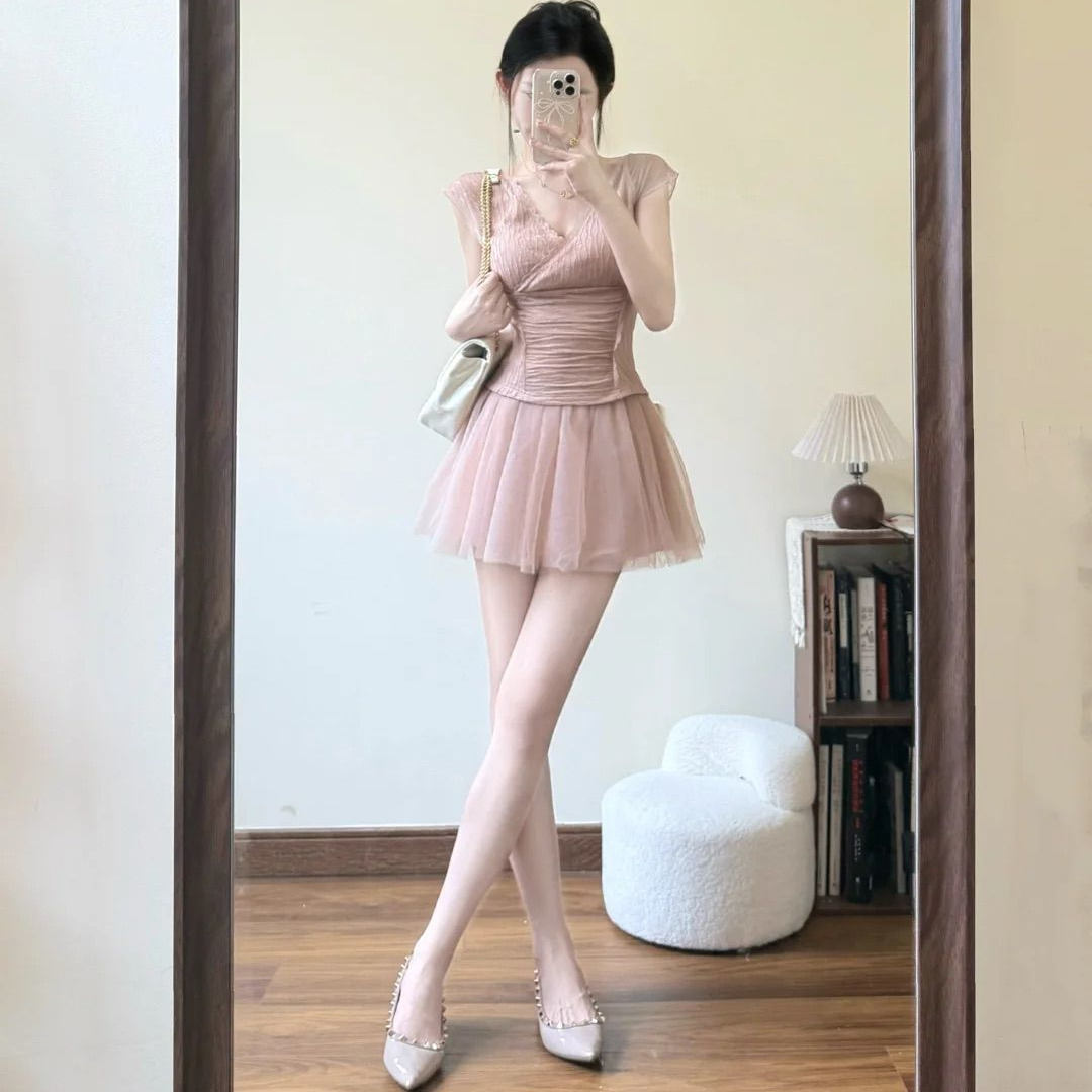 【两件套装】新款甜美气质芭蕾风v领修身蕾丝上衣网纱半身裙女潮