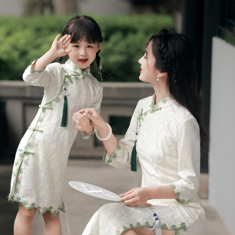 2026春季新款新中式亲子装母女装旗袍连衣裙中长袖旗袍女童连衣裙