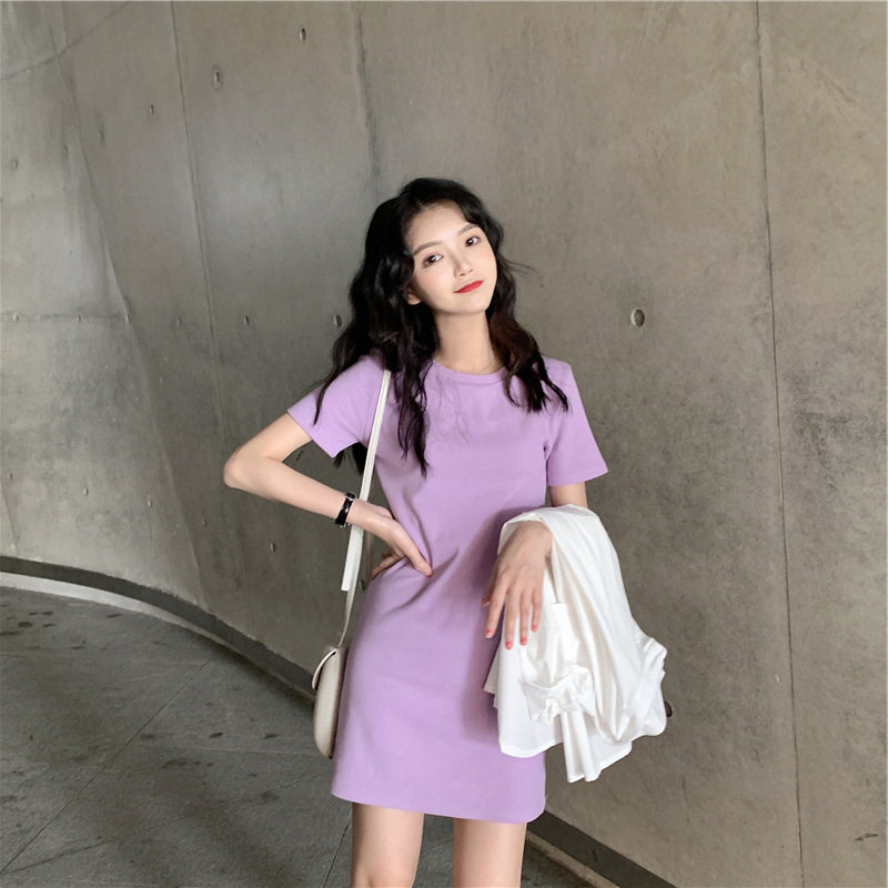 纯色宽松纯棉中长款a字短袖连衣裙女夏韩版简约百搭显瘦T恤打底裙
