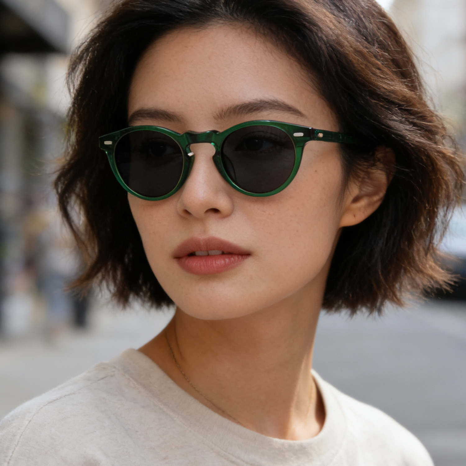 高级感墨绿框太阳镜 女士高雅时尚板材手工墨镜圆形绿色可配度数