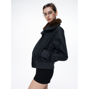 IXAM 黑色短款毛领夹克复古冬早春牛仔外套秋冬加绒高级感上衣女