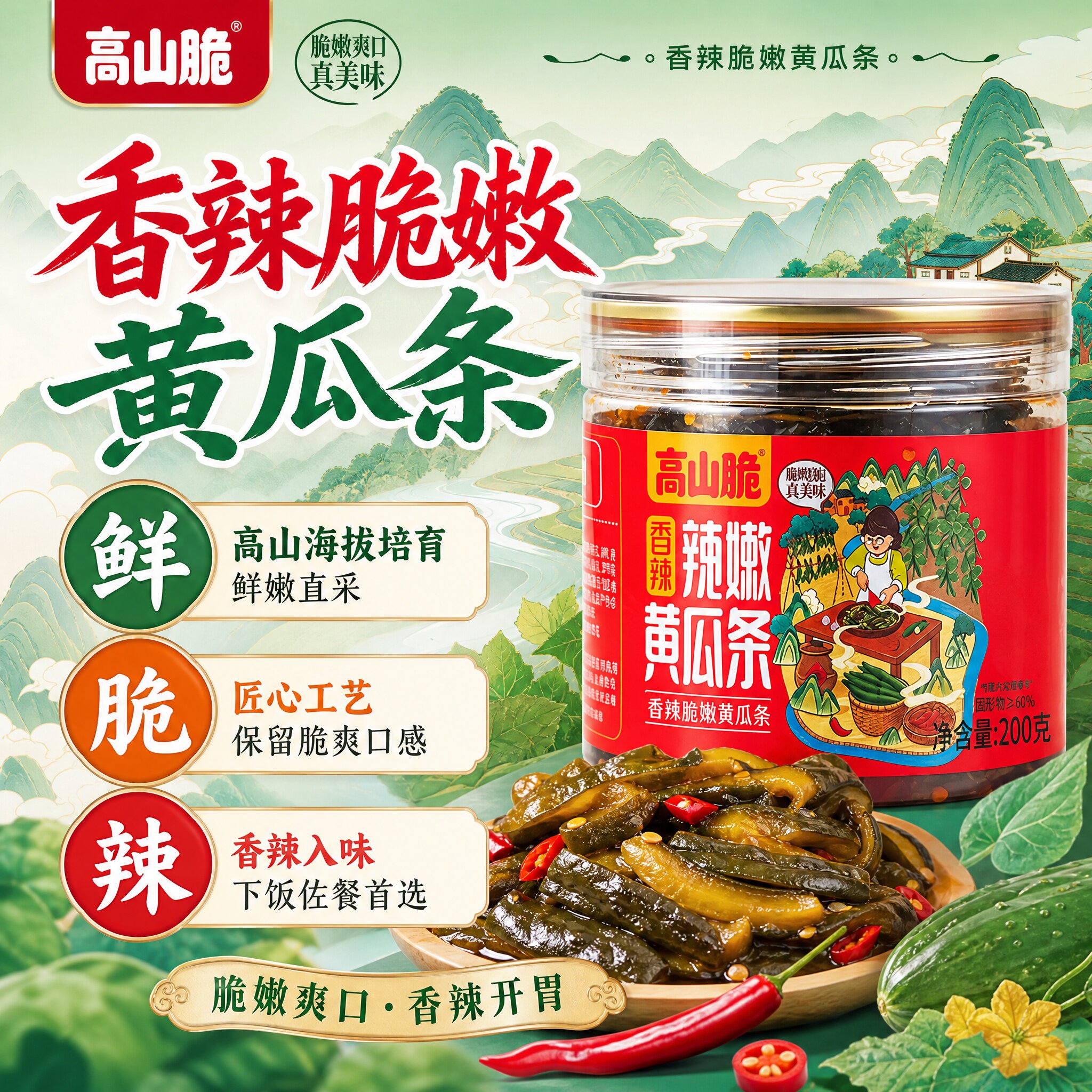 屋头高山脆黄瓜条东北酱腌香脆嫩黄瓜皮咸菜榨菜下饭菜即食酱菜