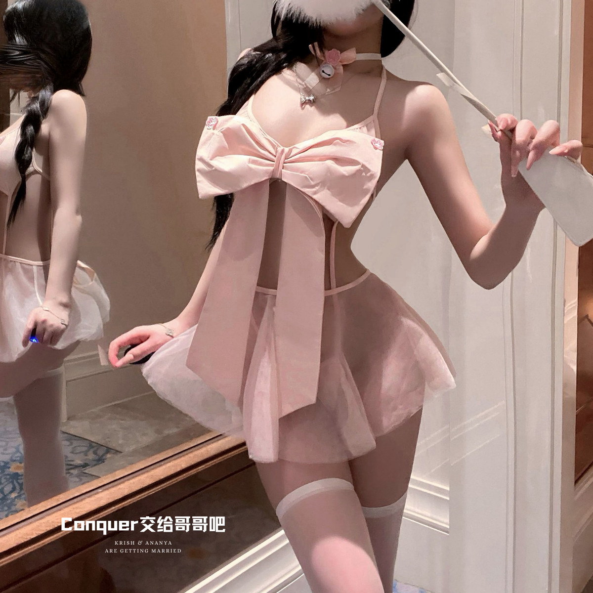 蝴蝶结连体衣qqny网纱透视短裙