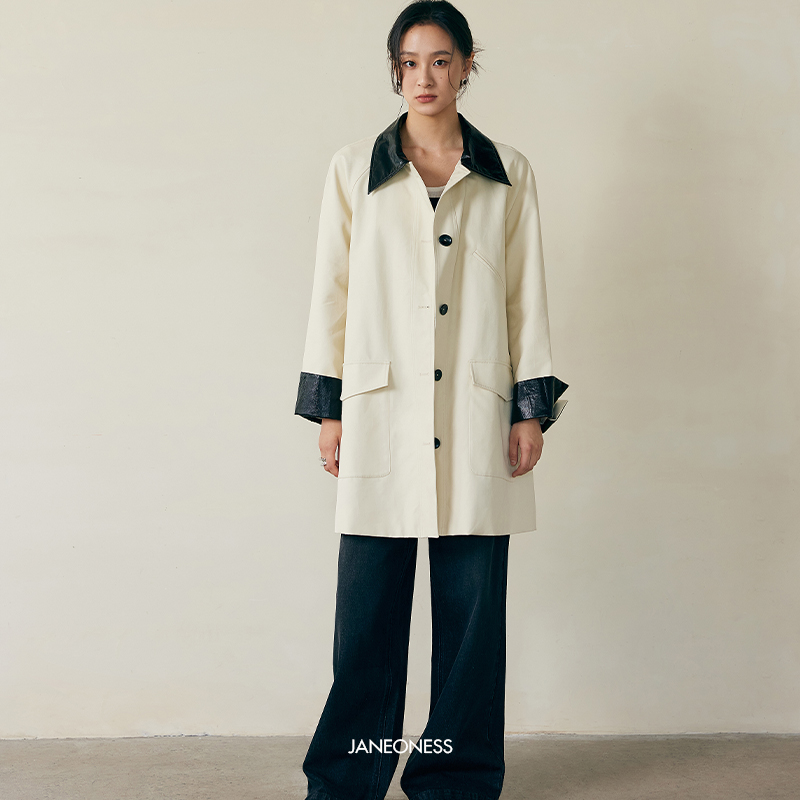 JANEONESS 复古撞色翻领卷边袖风衣女中长款时尚百搭大衣外套秋