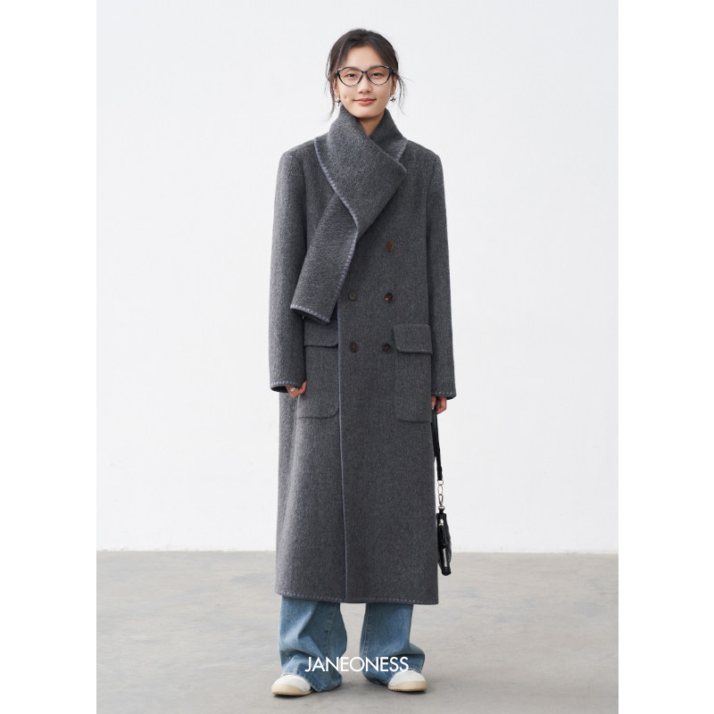 JANEONESS 灰色绵羊毛双面呢大衣女秋冬贝壳绣长款围巾领毛呢外套,女装/女士精品,毛呢外套,淘宝优惠券,粉丝福利购,淘宝优惠卷