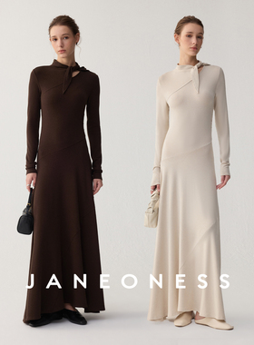 JANEONESS 叠穿row风羊毛不规则系带领显瘦修身针织长袖连衣裙女