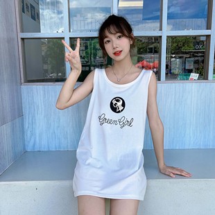 夏季纯棉中长款睡衣T恤裙BF风无袖背心裙吊带睡裙洋气外穿家居服