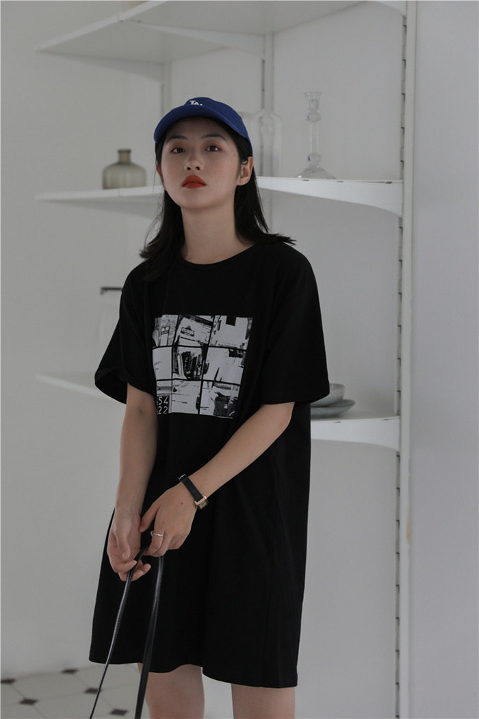 短袖t恤裙女夏季宽松大码中长款ins韩版懒人连衣裙潮修身运动风