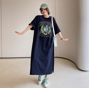 女装 懒人长裙长款 胖mm夏装 开叉短袖 过膝孕妇睡裙 连衣裙夏季 特大码