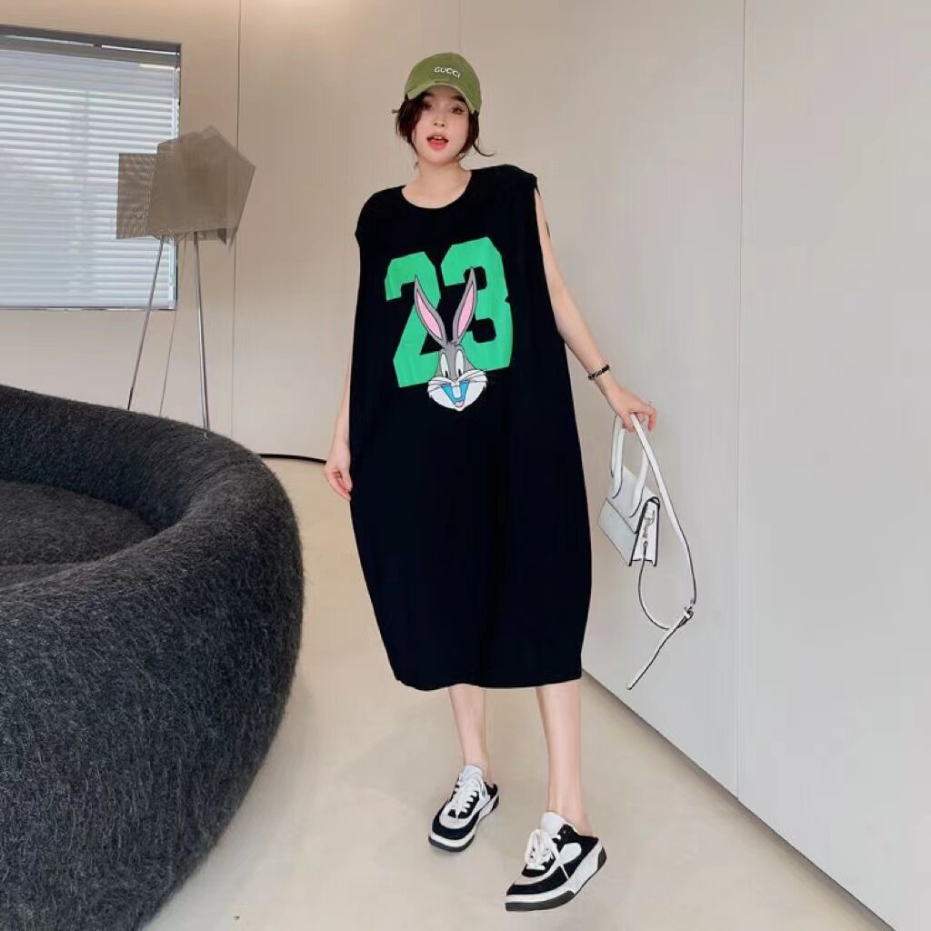 韩版背心连衣裙女夏新款宽松休闲直筒无袖印花长裙慵懒风T恤裙子