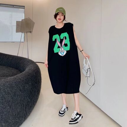 韩版背心连衣裙女夏新款宽松休闲直筒无袖印花长裙慵懒风T恤裙子