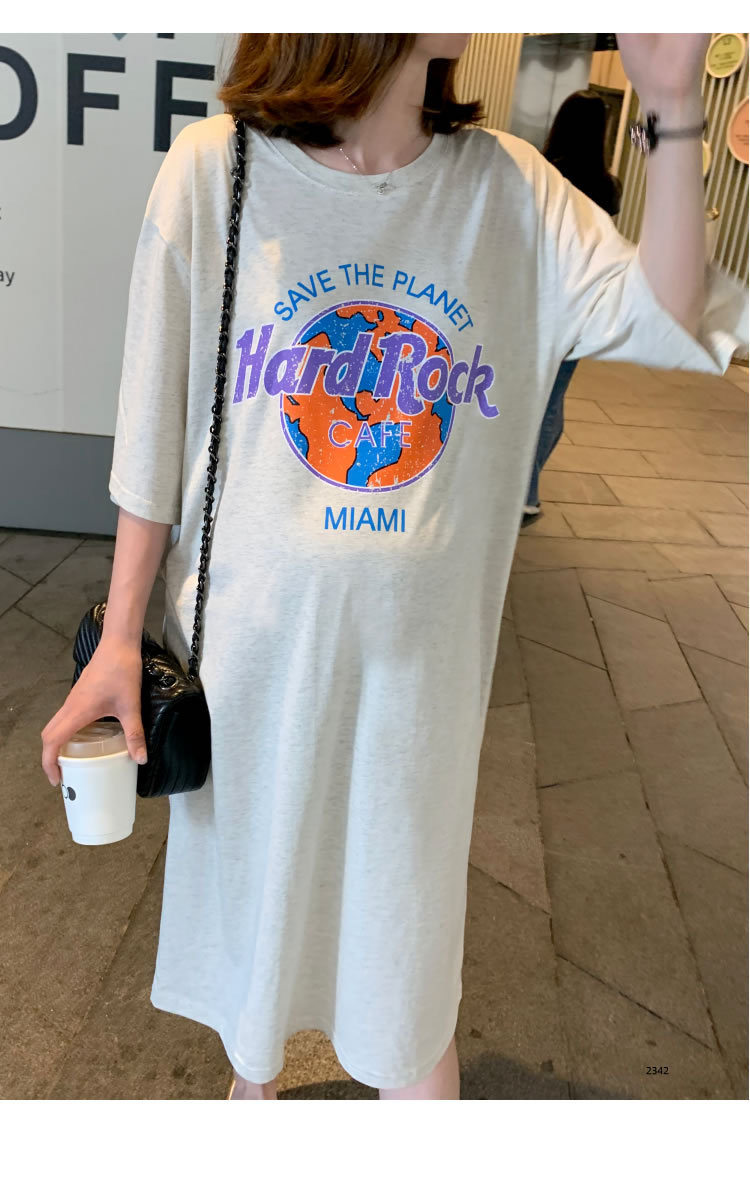 大码胖mm休闲短袖T恤裙女慵懒风夏季宽松显瘦过膝长裙简约连衣裙