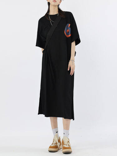 韩版夏季bf风字母印花胖妹妹宽松大码长款过膝连衣裙短袖睡裙女