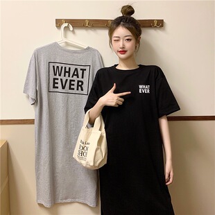 夏装韩版韩国长款过膝T恤女裙短袖宽松大码懒人T恤裙女开叉连衣裙