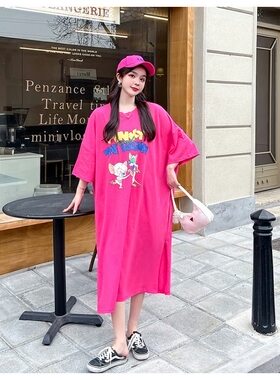 韩国东大门2024夏季新款宽松侧开叉懒人T恤连衣裙女过膝长裙潮