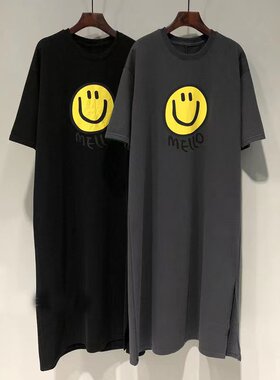 韩系笑脸印花t恤连衣裙女夏季2024新款慵懒风宽松中长款开叉裙子
