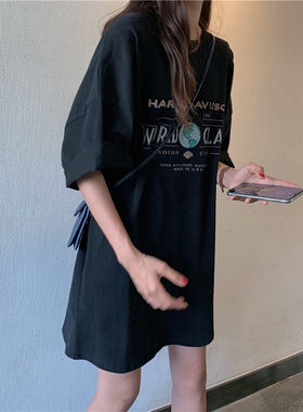黑色t恤裙女短袖韩版潮牌宽松中长款半袖ins超火遮屁股加长版上衣