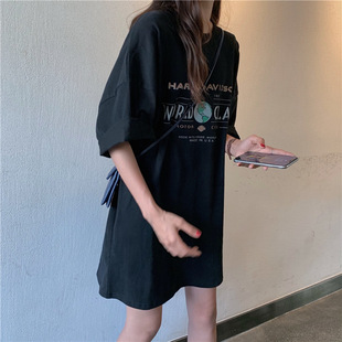黑色t恤裙女短袖韩版潮牌宽松中长款半袖ins超火遮屁股加长版上衣