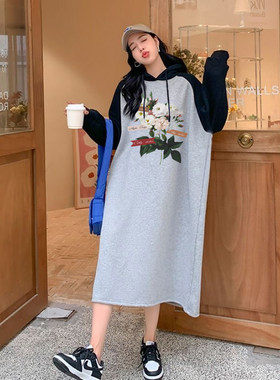 长款薄款撞色卫衣女2024春秋季新款花朵印花宽松连帽休闲卫衣裙