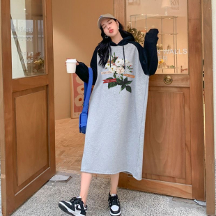 长款薄款撞色卫衣女2024春秋季新款花朵印花宽松连帽休闲卫衣裙