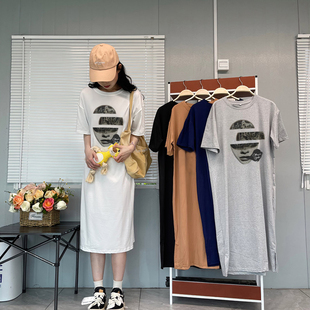 欧洲站废土风夏季印花长款女装连衣裙大码休闲简约长款T恤女ins