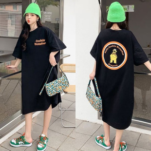 欧美复古洋气大码睡裙女夏季短袖长款睡衣学生宽松休闲过膝连衣裙