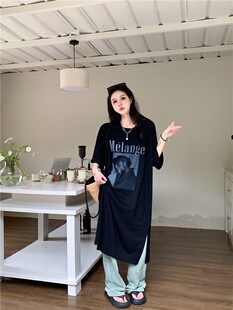 韩系休闲简约春秋季韩国宽松加大码连衣裙女装短袖长款过膝长裙夏