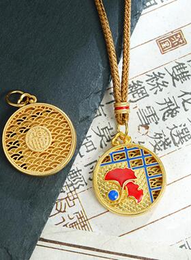 新中式古法沙金吊坠国潮滴油银杏叶圆牌镂空项链金店同款饰品