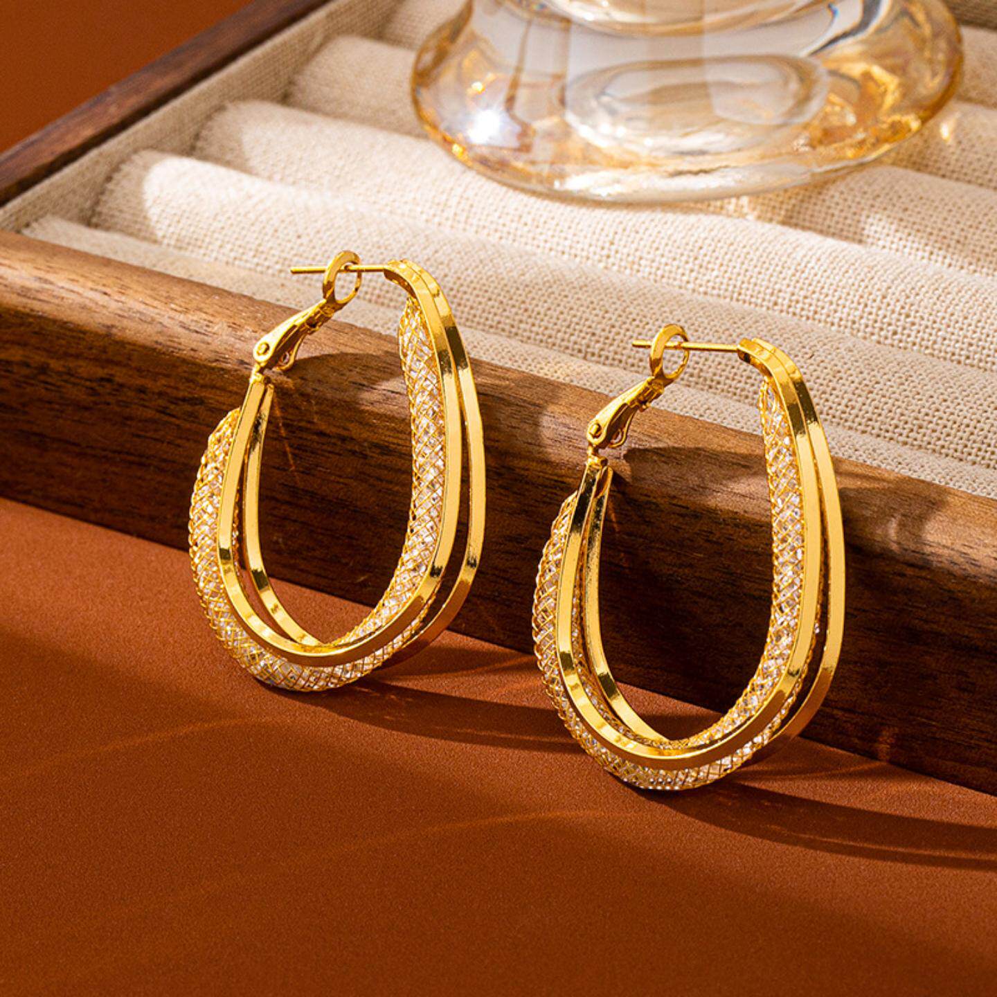 热销轻奢风几何镶钻耳环女潮流古法沙金耳圈个性久不掉色饰品