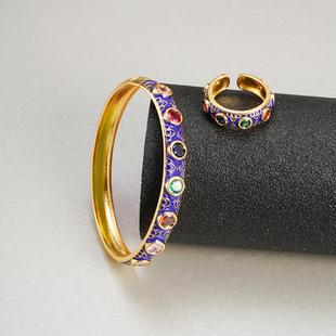 新品古法沙金手镯珐琅彩锆卡扣电镀18k金戒指女欧美风手饰品
