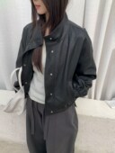 韩国CALOSCI时尚 高级感立领纯色下摆抽绳显瘦拉链皮衣夹克外套女