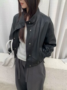 韩国CALOSCI时尚高级感立领纯色下摆抽绳显瘦拉链皮衣夹克外套女