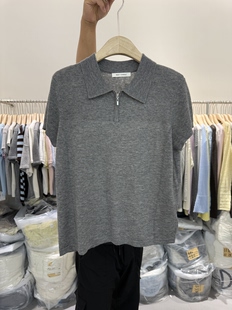 韩系时尚 T恤女柔软细羊毛纯色减龄上衣 设计感半拉链polo翻领短袖