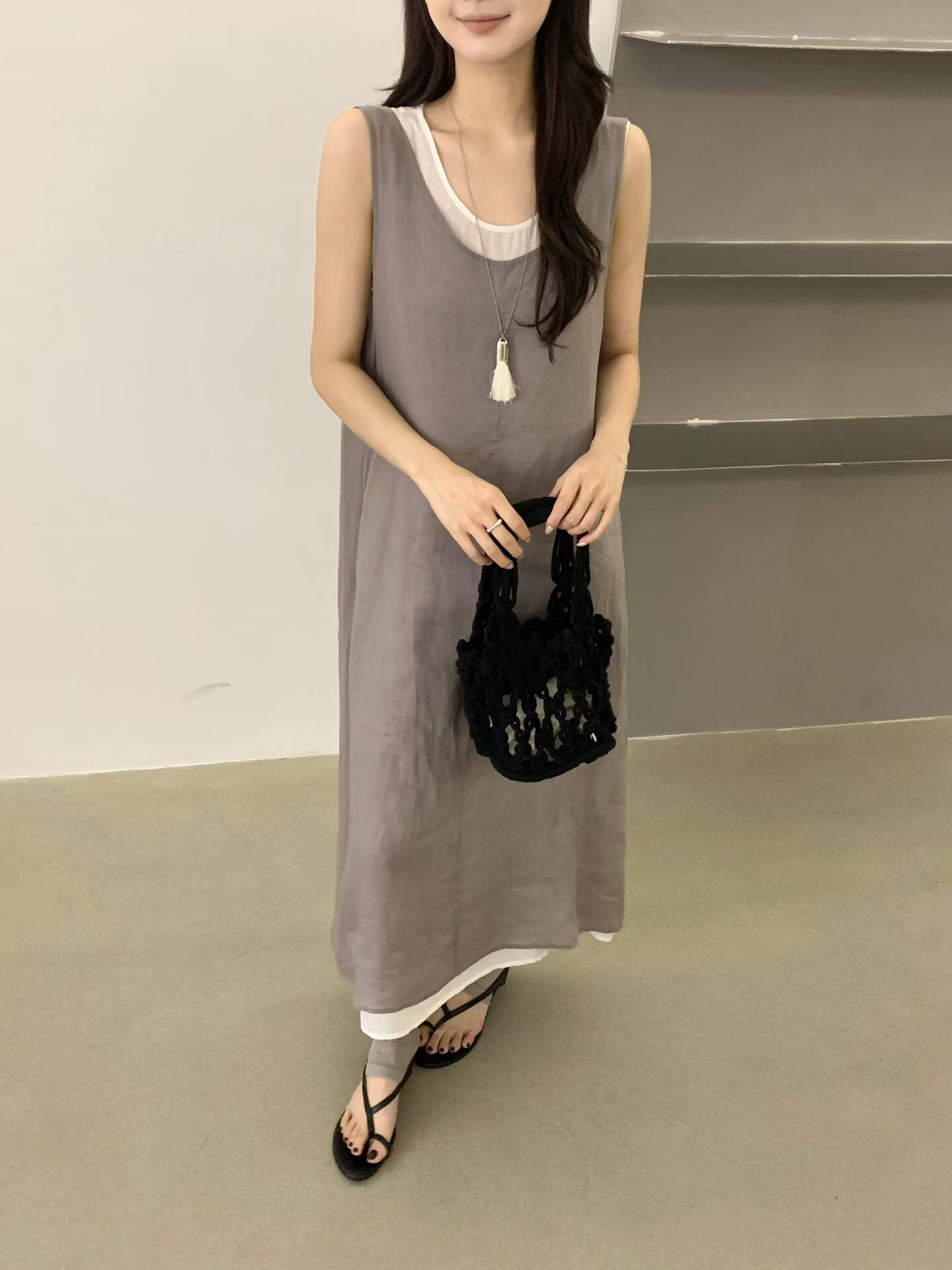后背交叉100％苎麻两件套连衣裙