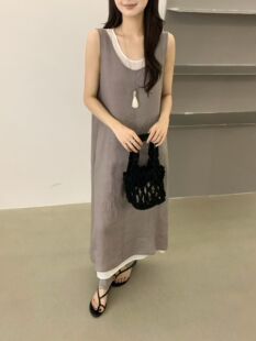 韩国CALOSCI时尚高级感宽松后背交叉100％苎麻两件套连衣裙63705
