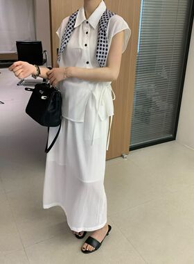 韩国61TZ989时尚高级感飞飞短袖衬衫上衣+松紧腰半身裙配配披肩女