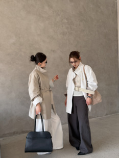 米蓝汇7579韩国时尚 宽松显瘦撞色立领系腰带风衣外套 高级感中长款