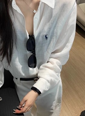韩国1051时尚设计感休闲风小马标刺绣苎麻衬衫女长袖宽松防晒上衣