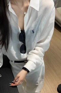 女长袖 宽松防晒上衣 设计感休闲风小马标刺绣苎麻衬衫 韩国1051时尚