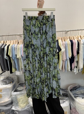 韩国Z2667森系高级感文艺风印花半身裙显瘦A字裙女宽松休闲长裙子