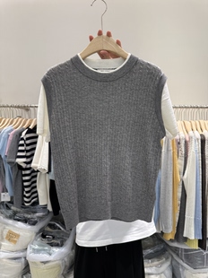 韩系58633时尚 T恤宽松百搭羊毛上衣 设计感撞色拼接假两件圆领短袖