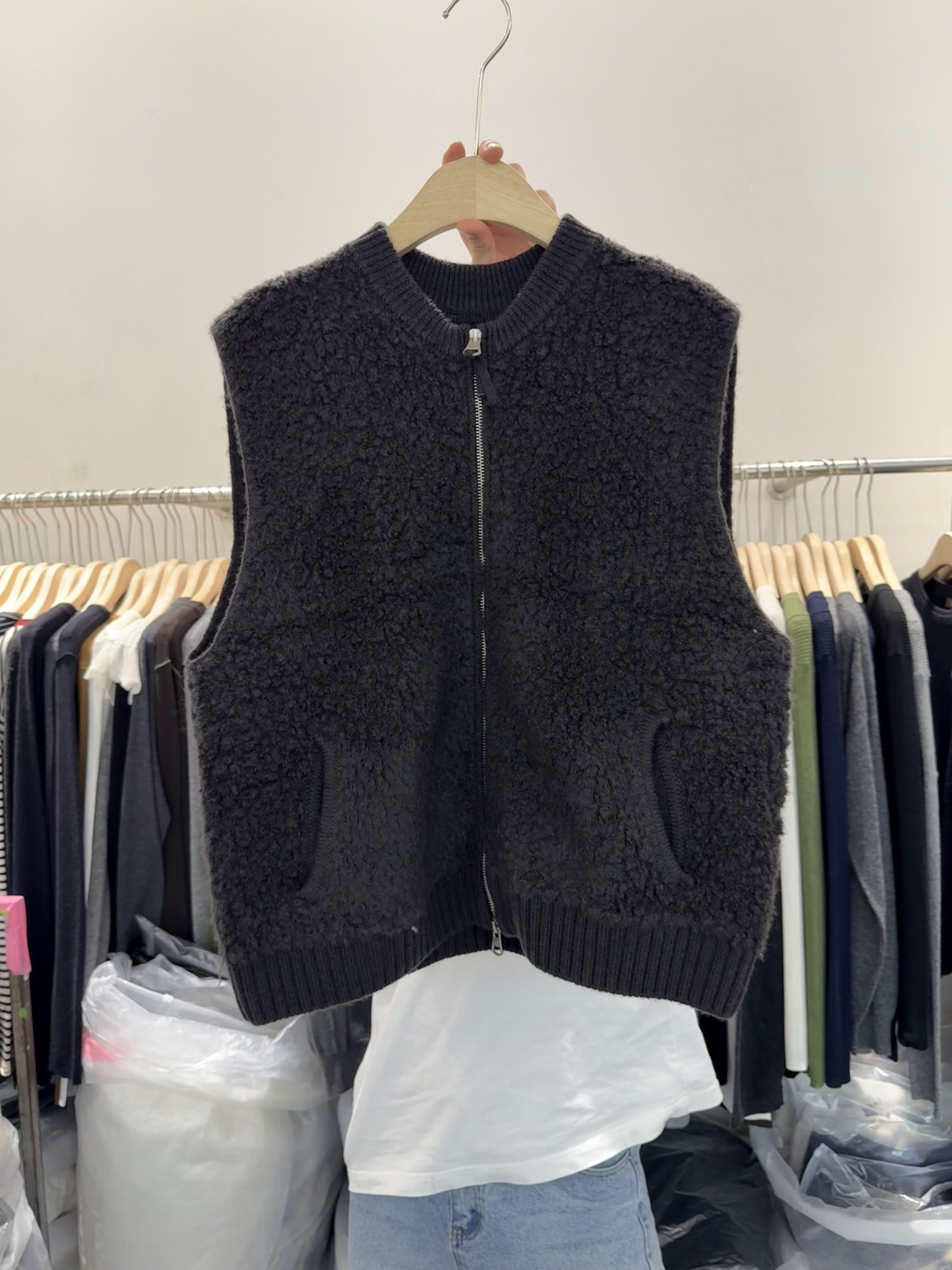 欧货58369高级感时尚立领拉链羊羔毛马甲圈圈毛无袖坎肩背心外套