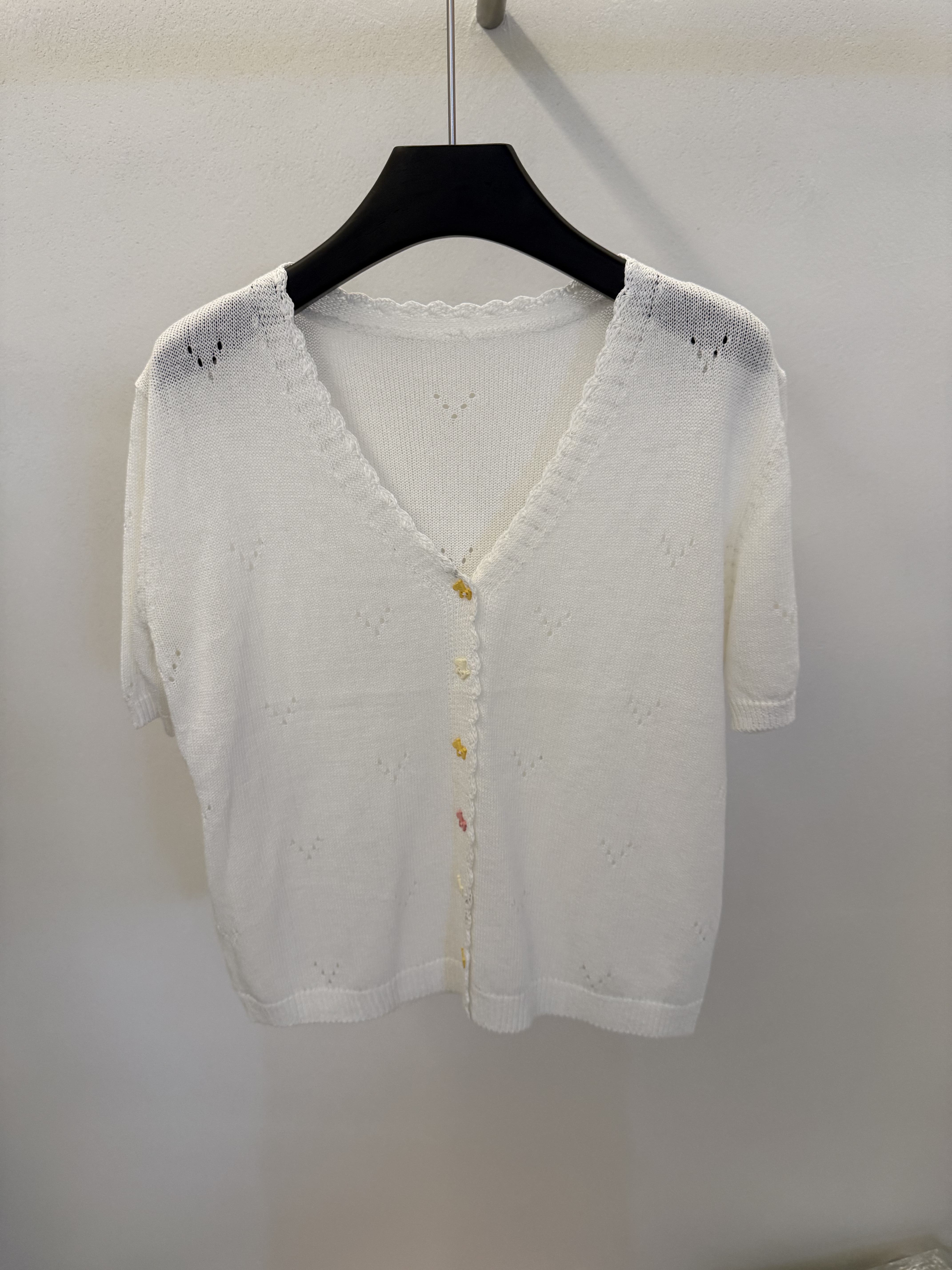 手工钩花缕空设计小清新薄款V领宽松减龄和纸纱短袖针织开衫上衣