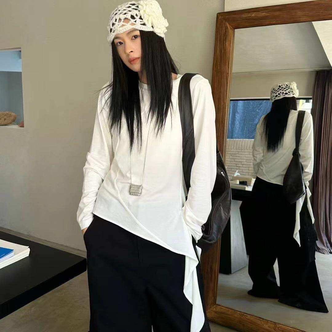 moment2025早春新款韩版chic设计感不规则侧腰系带圆领T恤上衣女