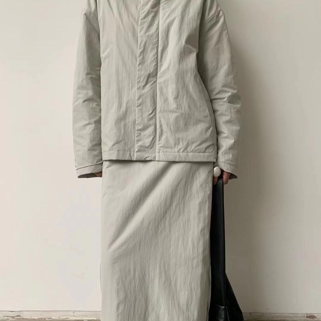 moment冬季韩版chic极简风立领棉服夹克女外套+高腰后开叉半身裙