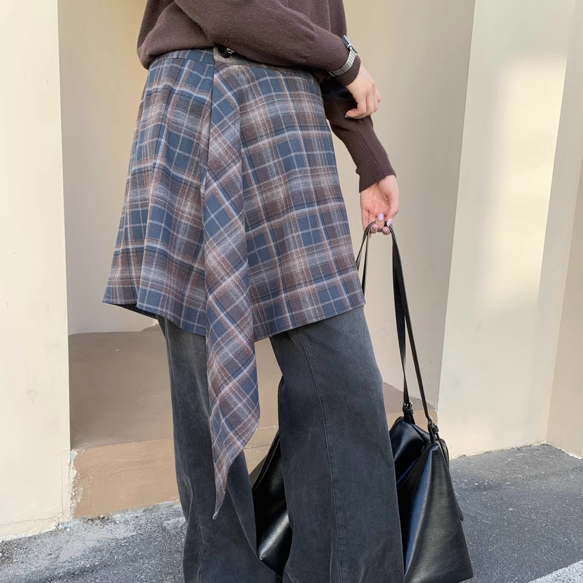 moment秋冬韩版chic设计感不规则磨毛格子屁帘女凹造型叠瘦半裙