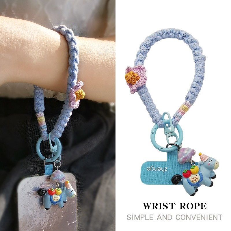 创意小花手机挂绳短款ins棉质编织加粗腕带小马吊坠钥匙壳防丢链,3C数码配件,手机挂件/手机链,淘宝优惠券,粉丝福利购,淘宝优惠卷