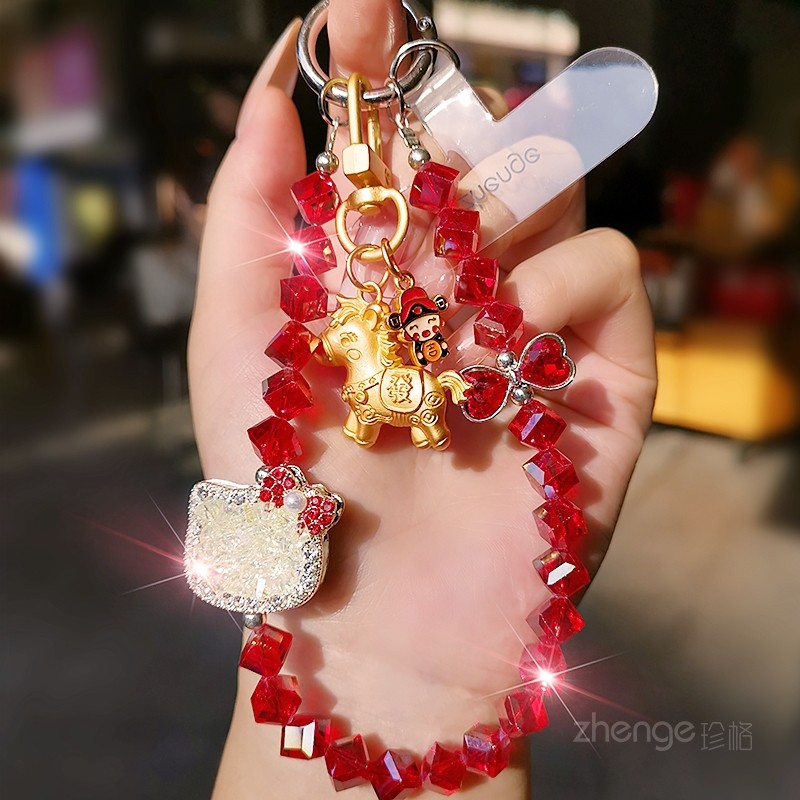 可爱猫闪钻手机挂绳短款新年红水晶串珠手链招财金马吊坠壳防丢链,3C数码配件,手机挂件/手机链,淘宝优惠券,粉丝福利购,淘宝优惠卷